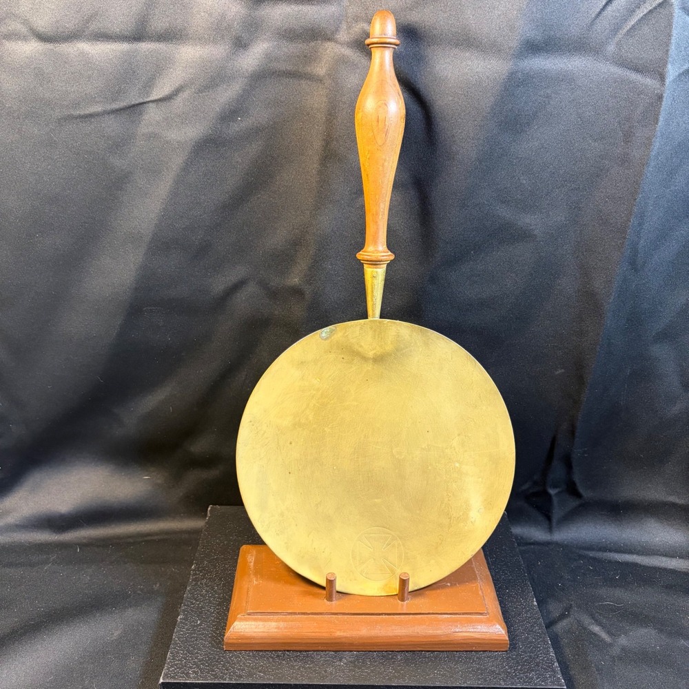 Antique Eucharistic Plate Brass Paten Wood Handle Maltese Cross Religious Decor